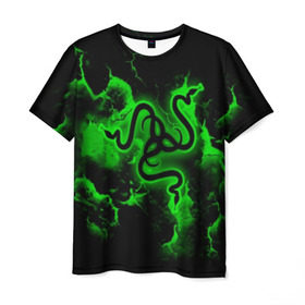 Мужская футболка 3D с принтом RAZER в городе Новоалтайск, 100% полиэфир | прямой крой, круглый вырез горловины, длина до линии бедер | game | razer | texture | зеленый | игровое лого | игромания | игры | рэйзер | текстуры