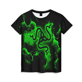 Женская футболка 3D с принтом RAZER в городе Новоалтайск, 100% полиэфир ( синтетическое хлопкоподобное полотно) | прямой крой, круглый вырез горловины, длина до линии бедер | game | razer | texture | зеленый | игровое лого | игромания | игры | рэйзер | текстуры