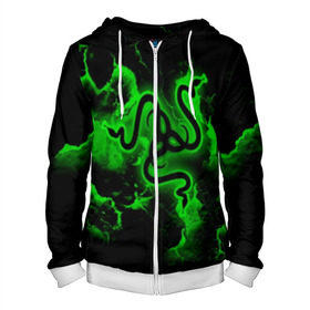 Мужская толстовка 3D на молнии с принтом RAZER в городе Новоалтайск, 100% полиэстер | длина до линии бедра, манжеты и пояс оформлены мягкой тканевой резинкой, двухслойный капюшон со шнурком для регулировки, спереди молния, по бокам два кармана | game | razer | texture | зеленый | игровое лого | игромания | игры | рэйзер | текстуры