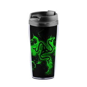Термокружка-непроливайка с принтом RAZER в городе Новоалтайск, внутренняя часть — пищевой пластик, наружная часть — прозрачный пластик, между ними — полиграфическая вставка с рисунком | объем — 350 мл, герметичная крышка | game | razer | texture | зеленый | игровое лого | игромания | игры | рэйзер | текстуры