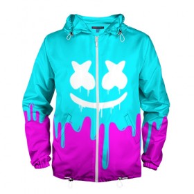 Мужская ветровка 3D с принтом MARSHMELLO в городе Новоалтайск, 100% полиэстер | подол и капюшон оформлены резинкой с фиксаторами, два кармана без застежек по бокам, один потайной карман на груди | Тематика изображения на принте: colors | dj | marshmello | paints | usa | америка | брызги | клубная музыка | краска | маршмелло | музыка | музыкант