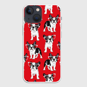 Чехол для iPhone 13 mini с принтом Французские бульдоги в городе Новоалтайск,  |  | animals | background | breed | bulldogs | dogs | french | illustration | painting | puppies | red | бульдоги | живопись | животные | иллюстрация | красный | очки | порода | собаки | фон | французские | щенки
