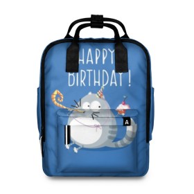 Женский рюкзак 3D с принтом Happy birthday! в городе Новоалтайск, 100% полиэстер | лямки с регулируемой длиной, сверху ручки, чтобы рюкзак нести как сумку. Основное отделение закрывается на молнию, как и внешний карман. Внутри два дополнительных кармана, один из которых закрывается на молнию. По бокам два дополнительных кармашка, куда поместится маленькая бутылочка
 | berry | birthday | cake | cap | cat | cherry | gray | holds | holiday | inscription | party | sits | striped | sweetness | вечеринка | вишня | день рождения | держит | колпак | кот | надпись | пирожное | полосатый | праздник | серый | сидит | сладость | я