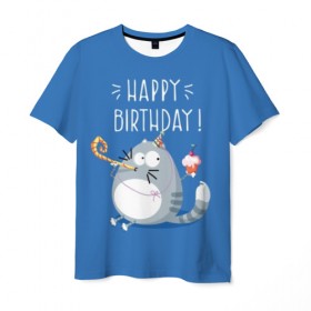 Мужская футболка 3D с принтом Happy birthday! в городе Новоалтайск, 100% полиэфир | прямой крой, круглый вырез горловины, длина до линии бедер | berry | birthday | cake | cap | cat | cherry | gray | holds | holiday | inscription | party | sits | striped | sweetness | вечеринка | вишня | день рождения | держит | колпак | кот | надпись | пирожное | полосатый | праздник | серый | сидит | сладость | я