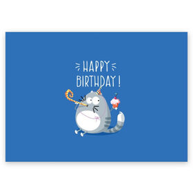 Поздравительная открытка с принтом Happy birthday! в городе Новоалтайск, 100% бумага | плотность бумаги 280 г/м2, матовая, на обратной стороне линовка и место для марки
 | berry | birthday | cake | cap | cat | cherry | gray | holds | holiday | inscription | party | sits | striped | sweetness | вечеринка | вишня | день рождения | держит | колпак | кот | надпись | пирожное | полосатый | праздник | серый | сидит | сладость | я