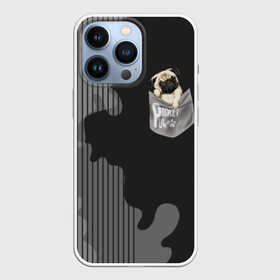 Чехол для iPhone 13 Pro с принтом Мопс в кармане в городе Новоалтайск,  |  | Тематика изображения на принте: animal | breed | dog | funny | illustration | imprint | paw | pocket | pug | puppy | sits | small | trace | животное | иллюстрация | карман | лапа | маленький | мопс | отпечаток | порода | сидит | след | смешная | собака | щенок