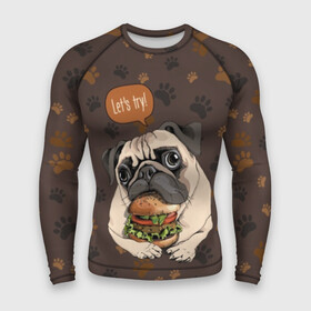 Мужской рашгард 3D с принтом lets try в городе Новоалтайск,  |  | animal | breed | dog | food | funny | hamburger | illustration | inscription | meat | pug | puppy | sandwich | small | tomato | tomatoe | try | булочка | бутерброд | гамбургер | давай | еда | животное | иллюстрация | кушает | маленький | мопс | мясо | над