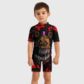 Детский купальный костюм 3D с принтом Five Nights At Freddys в городе Новоалтайск, Полиэстер 85%, Спандекс 15% | застежка на молнии на спине | 5 ночей с фредди | five nights at freddys | foxy | аниматроники | игра | компьютерная игра | робот | фокси | фредди | фреди | чика