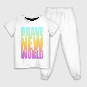 Детская пижама хлопок с принтом Brave New World в городе Новоалтайск, 100% хлопок |  брюки и футболка прямого кроя, без карманов, на брюках мягкая резинка на поясе и по низу штанин
 | антиутопия | дивный | желтый | книга | мир | надпись | новый | олдос | рассвет | розовый | хаксли | цитата