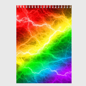 Скетчбук с принтом RAINBOW THUNDER в городе Новоалтайск, 100% бумага
 | 48 листов, плотность листов — 100 г/м2, плотность картонной обложки — 250 г/м2. Листы скреплены сверху удобной пружинной спиралью | Тематика изображения на принте: battle | battle fire | battle thunder | blue | fire | rainbow | red | texture | thunder | битва | битва молний | битва огней | гроза | молнии | радуга | текстура