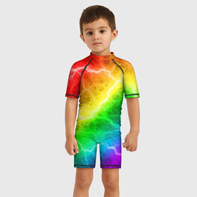 Детский купальный костюм 3D с принтом RAINBOW THUNDER | РАДУЖНЫЕ МОЛНИИ в городе Новоалтайск, Полиэстер 85%, Спандекс 15% | застежка на молнии на спине | Тематика изображения на принте: battle | battle fire | battle thunder | blue | fire | rainbow | red | texture | thunder | битва | битва молний | битва огней | гроза | молнии | радуга | текстура