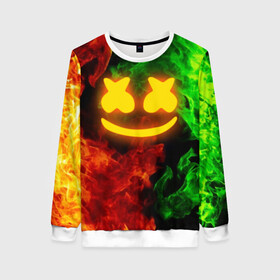 Женский свитшот 3D с принтом MARSHMELLO TOXIC | МАРШМЕЛЛО ТОКСИК  в городе Новоалтайск, 100% полиэстер с мягким внутренним слоем | круглый вырез горловины, мягкая резинка на манжетах и поясе, свободная посадка по фигуре | dj | fire | flame | marshmello | toxic flame | usa | америка | клубная музыка | маршмелло | музыка | музыкант | огонь