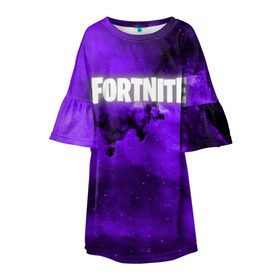 Детское платье 3D с принтом FORTNITE SPACE в городе Новоалтайск, 100% полиэстер | прямой силуэт, чуть расширенный к низу. Круглая горловина, на рукавах — воланы | Тематика изображения на принте: 2019 | armor | colors | cybersport | esport | fortnite | galaxy | game | llama | logo | paints | space | абстракция | броня | вселенная | галактика | звезда | звезды | игра | киберспорт | космическ