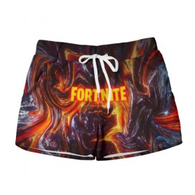 Женские шорты 3D с принтом FORTNITE LIQUID FIRE в городе Новоалтайск, 100% полиэстер | прямой крой, два кармана без застежек по бокам. Мягкая трикотажная резинка на поясе, внутри которой широкие завязки. Длина до середины бедра | 2019 | armor | armour | cybersport | esport | fortnite | game | llama | logo | броня | игра | киберспорт | лава. | лама | фиолетовый | фирменные цвета | фортнайт