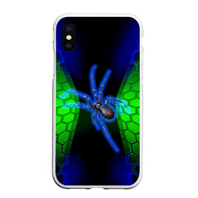 Чехол для iPhone XS Max матовый с принтом Паук на ночной охоте в городе Новоалтайск, Силикон | Область печати: задняя сторона чехла, без боковых панелей | Тематика изображения на принте: зеленая броня | зеленый неон | классный дизайн | ночь | паук | паук дизайн | паук на охоте | паук охотник | пчелиные | соты | темная футболка | футболка с пауком | черные соты