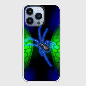 Чехол для iPhone 13 Pro с принтом Паук на ночной охоте в городе Новоалтайск,  |  | Тематика изображения на принте: зеленая броня | зеленый неон | классный дизайн | ночь | паук | паук дизайн | паук на охоте | паук охотник | пчелиные | соты | темная футболка | футболка с пауком | черные соты