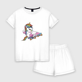 Женская пижама с шортиками хлопок с принтом единорог скейтер в городе Новоалтайск, 100% хлопок | футболка прямого кроя, шорты свободные с широкой мягкой резинкой | борд | детское | детям | для детей | единорог | пони | скейт | скейтборд