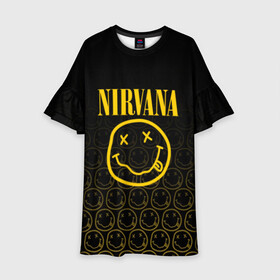 Детское платье 3D с принтом NIRVANA в городе Новоалтайск, 100% полиэстер | прямой силуэт, чуть расширенный к низу. Круглая горловина, на рукавах — воланы | Тематика изображения на принте: music | nirvana | rip smile | rock | smile | группа | курт кобейн | музыка | нирвана | рок | смайл
