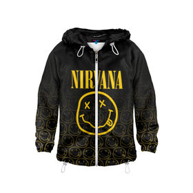 Детская ветровка 3D с принтом NIRVANA в городе Новоалтайск, 100% полиэстер | подол и капюшон оформлены резинкой с фиксаторами, по бокам два кармана без застежек, один потайной карман на груди | Тематика изображения на принте: music | nirvana | rip smile | rock | smile | группа | курт кобейн | музыка | нирвана | рок | смайл