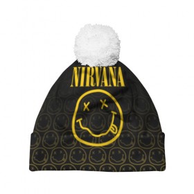 Шапка 3D c помпоном с принтом NIRVANA в городе Новоалтайск, 100% полиэстер | универсальный размер, печать по всей поверхности изделия | music | nirvana | rip smile | rock | smile | группа | курт кобейн | музыка | нирвана | рок | смайл