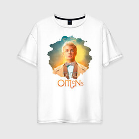 Женская футболка хлопок Oversize с принтом Азирафель Good Omens в городе Новоалтайск, 100% хлопок | свободный крой, круглый ворот, спущенный рукав, длина до линии бедер
 | Тематика изображения на принте: evil | good | good omens | азирафель | ангел | благие намерения | гуд оменс | демон | кроули