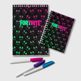 Блокнот с принтом FORTNITE x MARSHMELLO в городе Новоалтайск, 100% бумага | 48 листов, плотность листов — 60 г/м2, плотность картонной обложки — 250 г/м2. Листы скреплены удобной пружинной спиралью. Цвет линий — светло-серый
 | 2019 | armor | armour | cybersport | dj | esport | fortnite | game | glitch | logo | marshmello | season 9 | usa | америка | броня | глитч | игра | киберспорт | клубная музыка | маршмелло | 