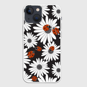 Чехол для iPhone 13 mini с принтом Божьи коровки на ромашках в городе Новоалтайск,  |  | antennae | background | beetle | black | bug | chamomile | color | flora | flower | gray | insect | ladybug | petal | plant | red | white | белый | божья | букашка | жук | коровка | красный | лепесток | насекомое | растение | ромашка | серый | усики | фло
