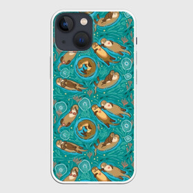 Чехол для iPhone 13 mini с принтом Весёлые выдры в городе Новоалтайск,  |  | algae | animal | background | blue | brown | color | cute | fauna | flora | fun | funny | green | heart | jellyfish | otter | river | water | white | белый | весело | вода | водоросли | выдра | животное | забавно | зеленый | коричневый | медуза 