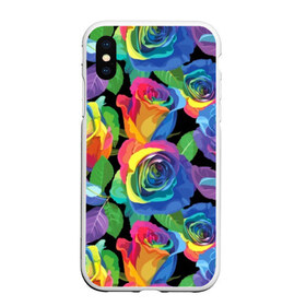 Чехол для iPhone XS Max матовый с принтом Разноцветные розы в городе Новоалтайск, Силикон | Область печати: задняя сторона чехла, без боковых панелей | background | black | blue | bud | color | exotic | flora | flowers | green | leaves | nature | pink | plant | purple | red | rose | yellow | бутон | желтый | зеленый | красный | лепесток | листья | природа | разноцветный | растение | роза | розо