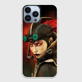 Чехол для iPhone 13 Pro Max с принтом Девушка в стиле стимпанк в городе Новоалтайск,  |  | Тематика изображения на принте: black | eyes | face | fiction | girl | green | lips | look | microphone | piercing | style | tail | young | взгляд | волосы | глаза | губы | девушка | женщина | зеленый | костюм | красный | лицо | макияж | механизм | микрофон | молодая