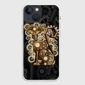 Чехол для iPhone 13 mini с принтом Кошка в стиле стимпанк в городе Новоалтайск,  |  | brow | cat | cats | cool | eyes | gear | iron | kitty | meow | punk | steel | style | tail | vintage | yellow | винт | винтаж | время | гайка | глаза | графика | железо | желтый | когти | колесо | коричневый | котики | котэ | кошка | лапы | механизм | мор