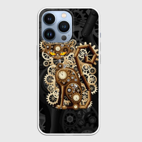 Чехол для iPhone 13 Pro с принтом Кошка в стиле стимпанк в городе Новоалтайск,  |  | Тематика изображения на принте: brow | cat | cats | cool | eyes | gear | iron | kitty | meow | punk | steel | style | tail | vintage | yellow | винт | винтаж | время | гайка | глаза | графика | железо | желтый | когти | колесо | коричневый | котики | котэ | кошка | лапы | механизм | мор