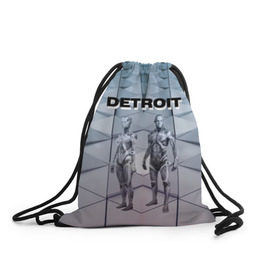 Рюкзак-мешок 3D с принтом Detroit: Вecome Human в городе Новоалтайск, 100% полиэстер | плотность ткани — 200 г/м2, размер — 35 х 45 см; лямки — толстые шнурки, застежка на шнуровке, без карманов и подкладки | Тематика изображения на принте: 3d | cтать человеком | detroit city | detroit: вecome human | игра | интерактивная | квест | кинематограф | приключения | франция