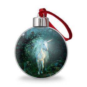 Ёлочный шар с принтом Единорог в городе Новоалтайск, Пластик | Диаметр: 77 мм | animal | beautiful | blue | fantasy | green | hooves | horn | horse | magi | mushrooms | nature | night | unicorn | white | белый | волшебство | грибы | грива | единорог | животное | зеленый | иллюстрация | копыта | лес | лошадь | мифология | но