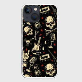 Чехол для iPhone 13 mini с принтом Гранж с черепами в городе Новоалтайск,  |  | bones | grunge | guitar | hands | microphone | music | punk | record | rocker | skeleton | skull | sound | style | tape | vintage | vinyl | винил | винтаж | гитары | гранж | звук | кассеты | коза | кости | магнитофон | микрофон | молнии | музыка | очки | 