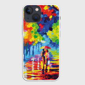 Чехол для iPhone 13 mini с принтом Осенний бульвар в городе Новоалтайск,  |  | art | blue | couple | green | lovers | orange | street | tree | umbrella | yellow | влюбленные | дерево | дождь | желтый | зеленый | зонт | искусство | картина | краски | красный | листья | масло | о | оранжевый | осенний | отражение