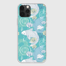 Чехол для iPhone 12 Pro Max с принтом Карпы Кои в городе Новоалтайск, Силикон |  | blue | bubbles | carp koi | fauna | fin | fish | flora | flower | green | japan | japanese | lake | lotus | plant | pond | scales | tail | water | white | белый | вода | зелёный | карп кои | лотос | озеро | плавник | пруд | пузыри | растение | р