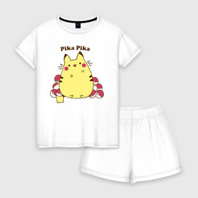 Женская пижама с шортиками хлопок с принтом Pika Pika в городе Новоалтайск, 100% хлопок | футболка прямого кроя, шорты свободные с широкой мягкой резинкой | detective pikachu | instinct | mystic | pikachu | pokeball | pokemon | pokemon go | valor | вейлор | детектив пикачу | инстинкт | мистик | пикачу | покебол | покемон | покемон го