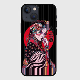 Чехол для iPhone 13 mini с принтом Гейша в городе Новоалтайск,  |  | beauty | black | bright | character | cool | decorations | flowers | geisha | girl | hairstyle | japan | kimon | lines | red | stripes | woman | young | девушка | женщина | иероглиф | кимоно | красный | красотка | круто | линии | молодая | полосы 