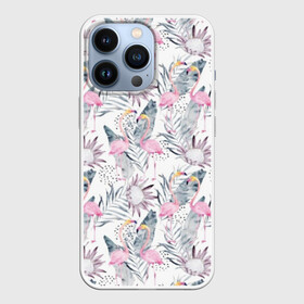 Чехол для iPhone 13 Pro с принтом Фламинго в городе Новоалтайск,  |  | Тематика изображения на принте: abstraction | beak | bird | fauna | feathers | flamingo | flora | flower | happiness | jungle | leaves | nature | pink | tropical | tropics | white | yellow | абстракция | белый | джунгли | желтый | клюв | листья | перья | природа | птица | розовый | счас