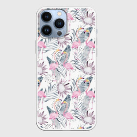 Чехол для iPhone 13 Pro Max с принтом Фламинго в городе Новоалтайск,  |  | abstraction | beak | bird | fauna | feathers | flamingo | flora | flower | happiness | jungle | leaves | nature | pink | tropical | tropics | white | yellow | абстракция | белый | джунгли | желтый | клюв | листья | перья | природа | птица | розовый | счас