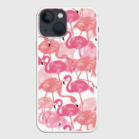 Чехол для iPhone 13 mini с принтом Фламинго в городе Новоалтайск,  |  | abstraction | beak | bird | coral | fauna | feathers | flamingo | flora | happiness | jungle | leaves | nature | pink | tropical | tropics | white | абстракция | белый | джунгли | клюв | коралловый | листья | перья | природа | птица | розовый | счастье | 