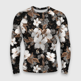 Мужской рашгард 3D с принтом Белые цветы в городе Новоалтайск,  |  | black | bud | cute | flora | flowers | golden | leaves | plant | romance | spring | tenderness | white | yellow | белый | бутон | весна | желтый | золотой | листья | мило | нежность | растение | романтика | флора | цветы | черный