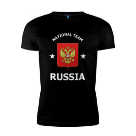 Мужская футболка премиум с принтом NATIONAL TEAM RUSSIA в городе Новоалтайск, 92% хлопок, 8% лайкра | приталенный силуэт, круглый вырез ворота, длина до линии бедра, короткий рукав | Тематика изображения на принте: hockey | national team russia | russia | sport | герб | надписи | россия | сборная хоккея | символика | спорт | спортсмен | форма | хоккей | чемпионат | я русский