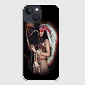Чехол для iPhone 13 mini с принтом Девушка с лошадью в городе Новоалтайск,  |  | american | animal | black | body | color | costume | ethnic | girl | horse | indian | national | nature | race | red | totem | white | woma | белый | девушка | женщина | животное | индейский | индейцы | костюм | краснокожий | красный | лошадь | молодость 