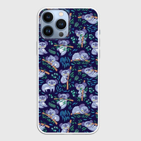 Чехол для iPhone 13 Pro Max с принтом Фиолетовые коалы в городе Новоалтайск,  |  | Тематика изображения на принте: animal | australia | baby | bear | blue | color | cute | exotic | green | illustration | koala | pattern | purple | vector | young | австралия | вектор | ветка | детеныш | животное | зеленый | иллюстрация | коала | листья | малыш | медведь | мил