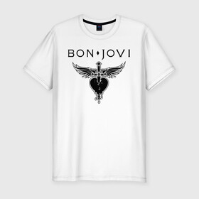 Мужская футболка хлопок Slim с принтом Bon Jovi в городе Новоалтайск, 92% хлопок, 8% лайкра | приталенный силуэт, круглый вырез ворота, длина до линии бедра, короткий рукав | bon jovi | альбом | арена | бон | бон джови | глэм | группа | джови | джон | метал | музыка | надпись | песни | поп | попрок | рок | рокер | смайл | солист | софт | стена | хард | хеви | хевиметал