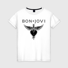 Женская футболка хлопок с принтом Bon Jovi в городе Новоалтайск, 100% хлопок | прямой крой, круглый вырез горловины, длина до линии бедер, слегка спущенное плечо | bon jovi | альбом | арена | бон | бон джови | глэм | группа | джови | джон | метал | музыка | надпись | песни | поп | попрок | рок | рокер | смайл | солист | софт | стена | хард | хеви | хевиметал
