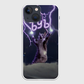 Чехол для iPhone 13 mini с принтом ЪУЪ СЪУКА в городе Новоалтайск,  |  | lightning cat | грозовой кошак | злой кот | кот | кошак | мем | мем с котом | молнии | облака | прикол | стиль | тренд | у | у ска | черный кот | черный кот мем | юмор