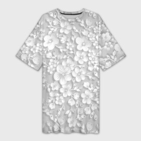 Платье-футболка 3D с принтом Белые цветы в городе Новоалтайск,  |  | bud | cute | flora | flower | gently | gray | leaves | petal | plants | tenderness | white | белый | бутон | лепесток | листья | мило | нежно | нежность | растений | серый | флора | цветок